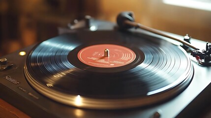 close-up of a vinyl record spinning on a turntable, with warm ambient lighting and a soft-focus background of vintage decoration