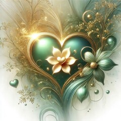 Valentine's Day illustration in the shape of a large, glowing green heart with flower-like patterns. The overall color palette is soft and soothing, featuring shades of green and beige