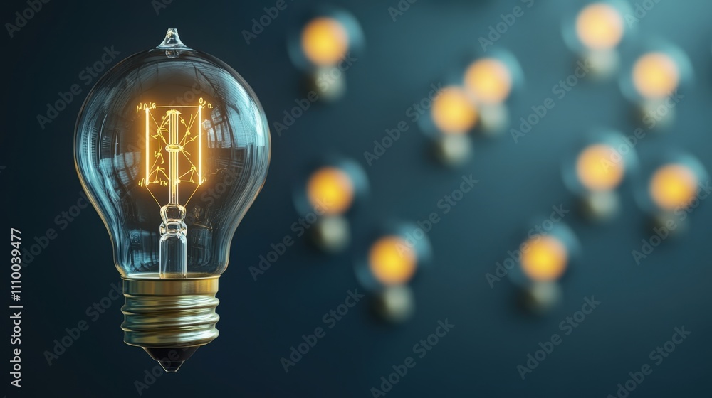 Poster vintage light bulb glowing with warm light in a stylish indoor setting with soft focus background of