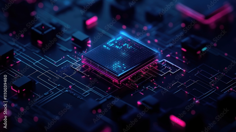 Poster Futuristic Microchip with Neon Lights on a Dark Circuit Board, Showcasing Technology, Digital Design, Innovation, and Connectivity in a Modern Computing Environment