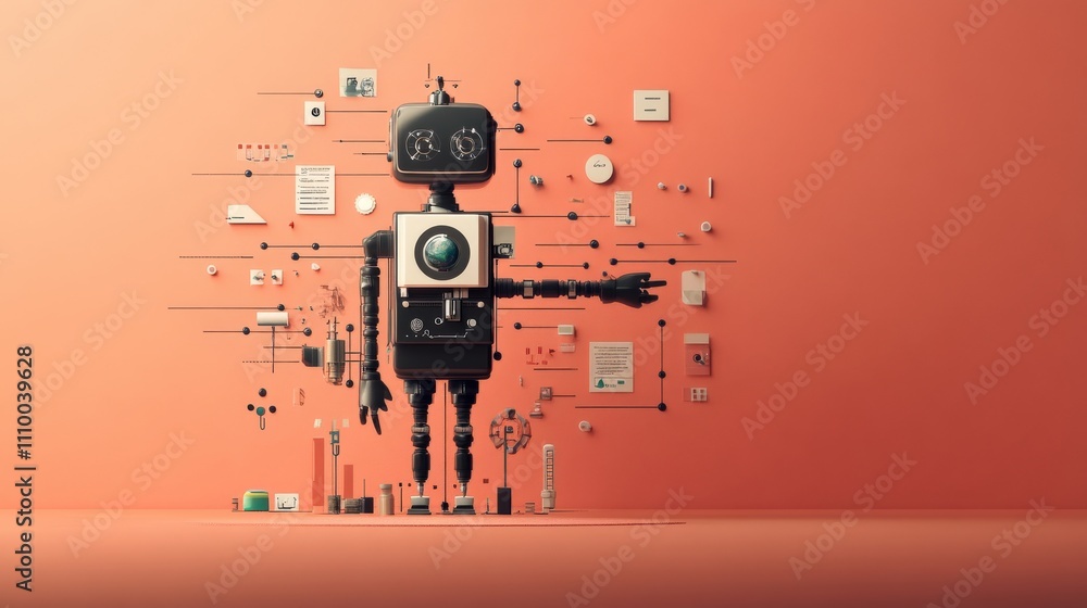 Aufkleber Creative Representation of a Retro Robot Surrounded by Geometric Shapes and Digital Elements on a Warm Orange Background