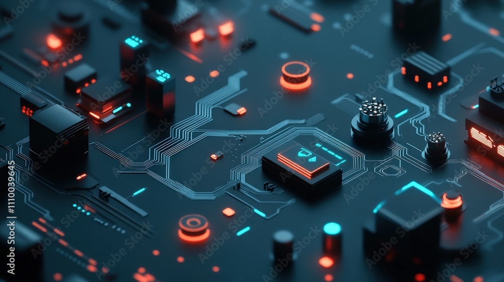Poster abstract close-up view of a futuristic circuit board with glowing blue and orange lights, emphasizin