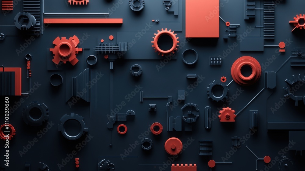Poster Abstract composition of mechanical gears and shapes in contrasting red and black tones, creating a visually striking pattern suitable for industrial or technological themes.