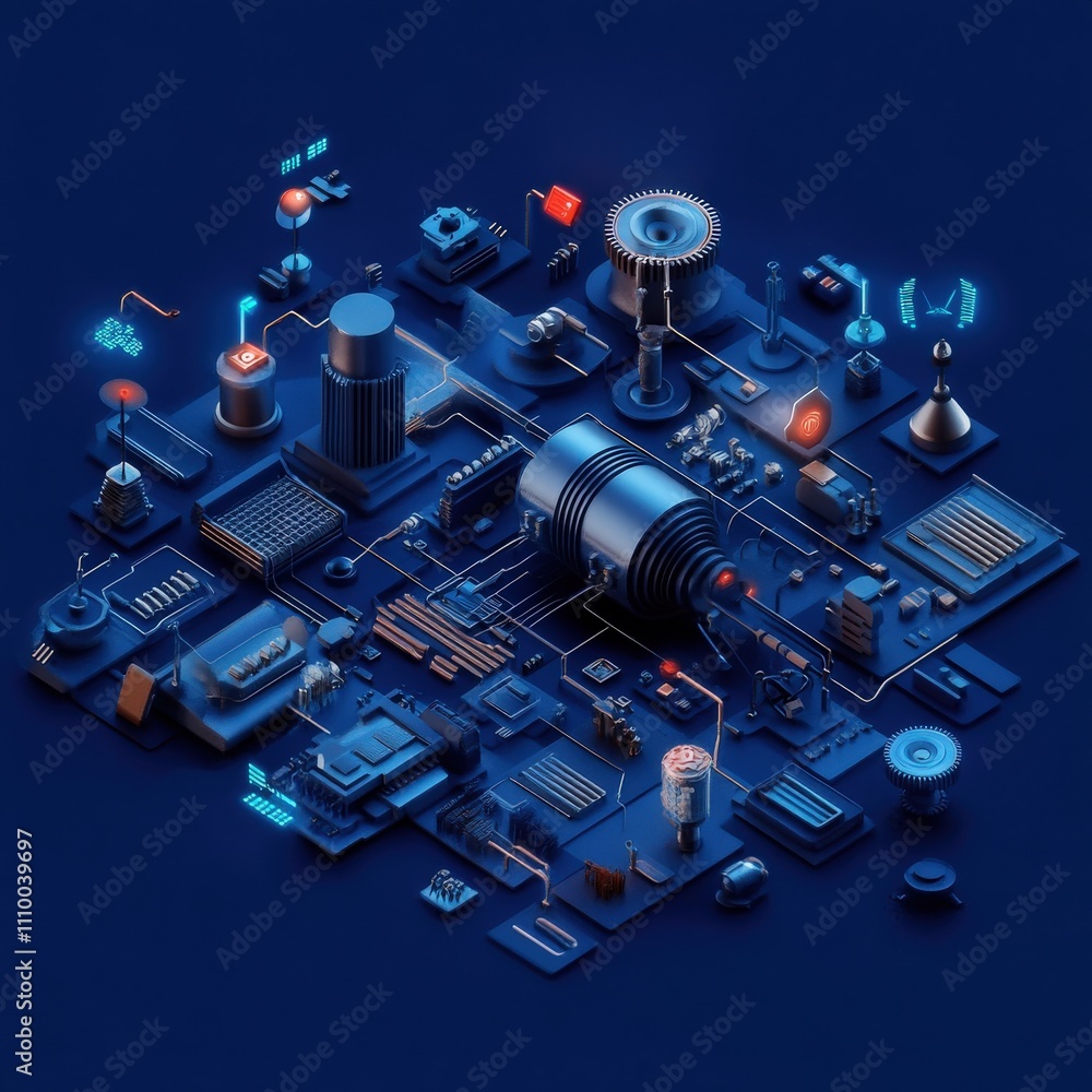 Poster high-tech abstract digital setup featuring various components, circuits, and light elements ideal fo