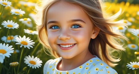 Fototapeta premium Joyful girl in daisy field with bright blue eyes and sunlit smile