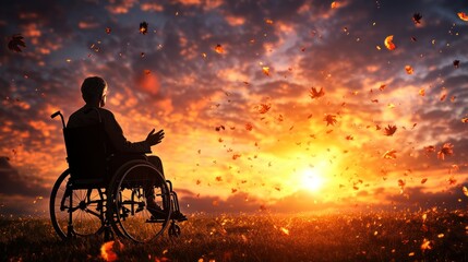 Obraz premium Peaceful Elderly Person Resting in Wheelchair in Sunlit Garden - Relaxation and Care Concept