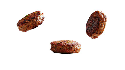 Three grilled patties floating in the air, showcasing a delicious and appetizing food presentation.