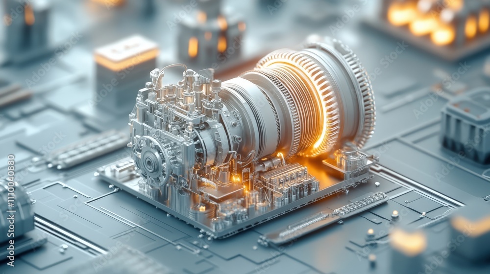 Poster Futuristic Engine Design with Glowing Elements Set on a Circuit Board, Symbolizing Advanced Technology and Innovation in Engineering and Robotics