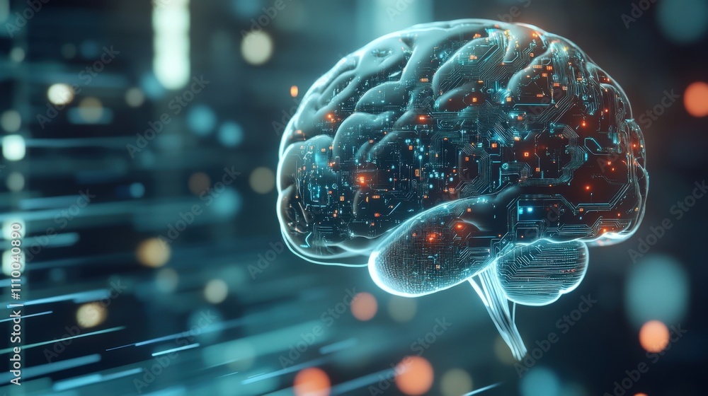 Poster Futuristic AI Brain with Digital Circuitry and Data Flow Representing Technology, Innovation and Advanced Neural Processing in Abstract Visualization