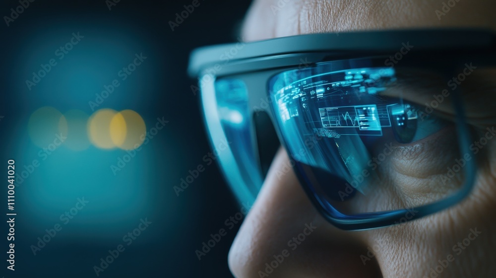 Poster close-up of a man's face wearing smart glasses with digital overlay reflecting technology data in a 