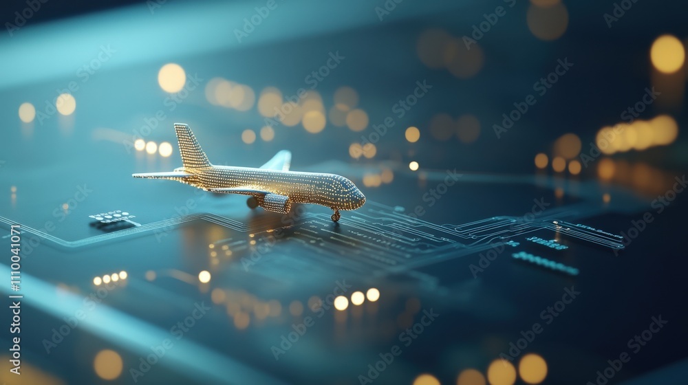 Poster detailed close-up of a metallic airplane model on a futuristic circuit board background with bokeh l