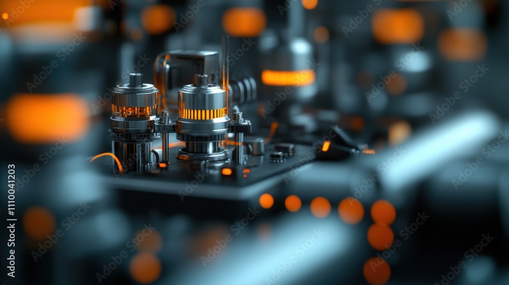 Poster Futuristic Circuit Board with Orange Highlights and Metallic Components Showcasing Advanced Technology in Modern Electronics Design