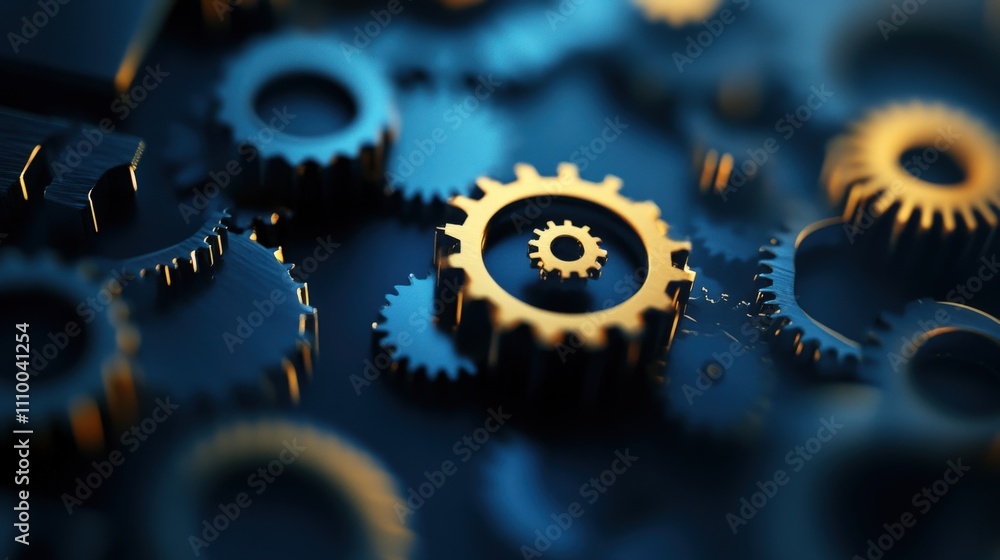 Poster close-up of interlocking metal gears with intricate details and varying textures highlighting indust