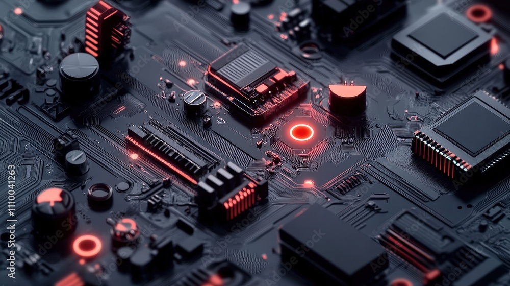 Poster Close-Up View of a Futuristic Circuit Board with Neon Glow and Intricate Components, Perfect for Technology and Innovation Themes in Digital Media and Designs
