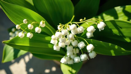 Lily of the Valley Blossoms in Full Bloom, Delicate White Flowers with Green Foliage Background