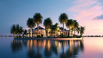 Obraz premium Luxurious island villa at sunset, reflecting in calm water, surrounded by palm trees.