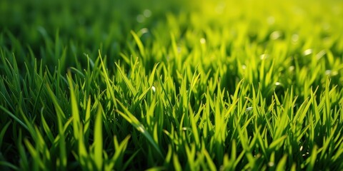 A Close-Up Shot of Vibrant Green Grass Blades bathed in the Soft Glow of Sunlight