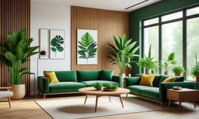 Modern green living room with indoor plants and wooden accents