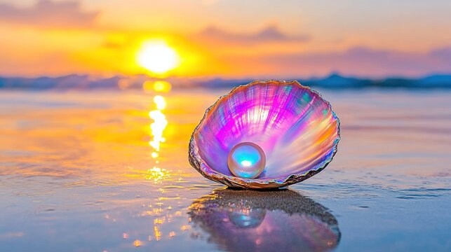 Iridescent Abalone Shell with Pearl on Sandy Beach at Sunset with Waves in Background