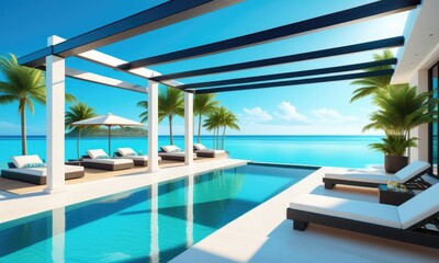Fototapeta premium Luxurious oceanfront terrace with infinity pool and lounge chairs amid palm trees