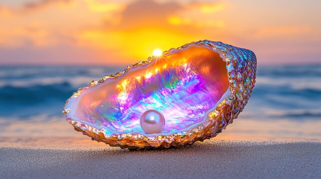 Iridescent Abalone Shell with Pearl on Sandy Beach at Sunset with Waves in Background