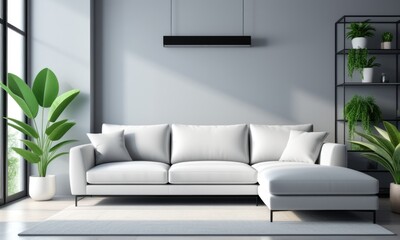 Fototapeta premium Modern minimalist living room with white sofa and greenery accents
