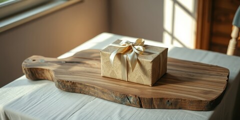 A golden gift box tied with a satin ribbon sits on a rustic wooden serving tray, bathed in warm sunlight