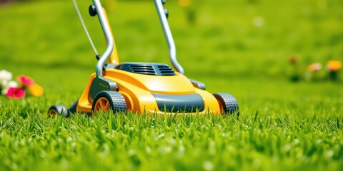 A Close-Up View of a Yellow Lawn Mower Cutting Through Lush Green Grass