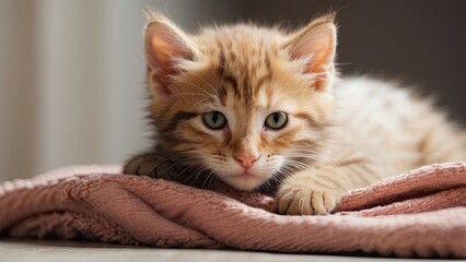 A kitten resting on towels