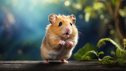 A hamster in the air. A funny flying hamster. Cute little hamster tries to go to the hand, filled with excitement and amazement, on a background of nature, and kept as a pet at hom