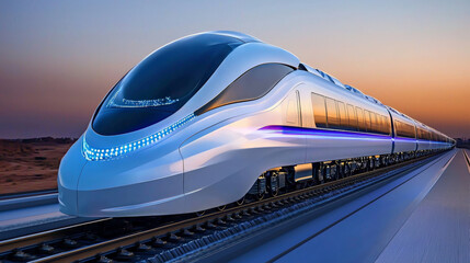 Futuristic high speed train traveling on tracks at sunset, showcasing sleek design and advanced technology. scene evokes sense of innovation and speed