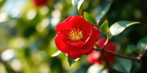 A vibrant red blossom with a golden yellow center, surrounded by lush green foliage, captures the essence of springtime beauty.