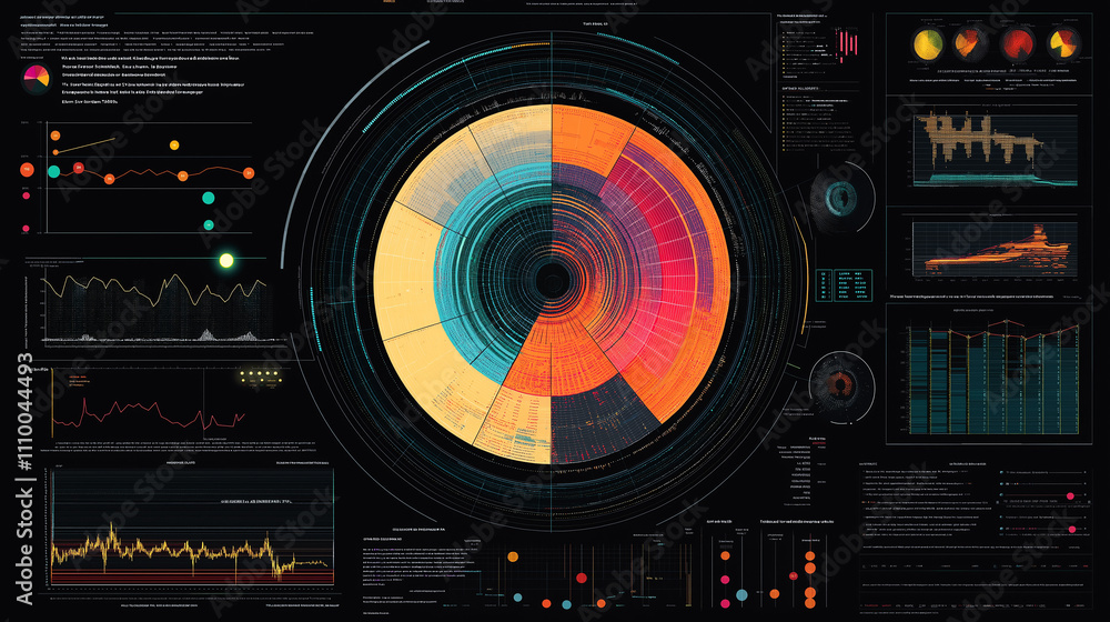 Poster data visualization of financial performance, including a radial chart for quarterly profit breakdown