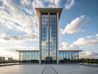 Naklejka premium Panoramic view of glass skyscraper building with sidewalk or walkway around. Futuristic city during daytime. Business concept of successful industrial architecture.