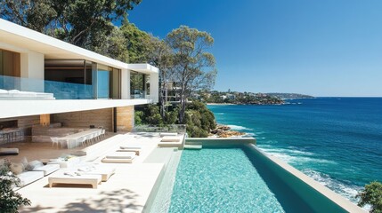 Fototapeta premium Modern coastal villa with a stunning infinity pool overlooking the ocean.