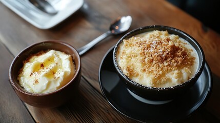 Two bowls of creamy dessert with crumble topping on wooden table.