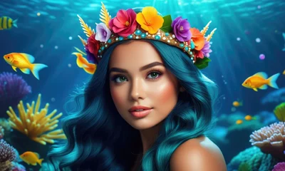 Enchanted mermaid with floral crown in vibrant underwater world