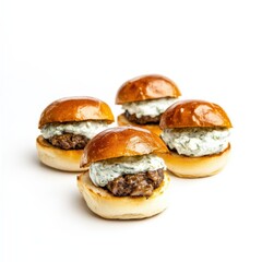 A trio of mini sliders with lamb and tzatziki sauce, isolated white background, surreal art style