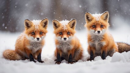 Fototapeta premium A little pack of adorable foxes in the snow-