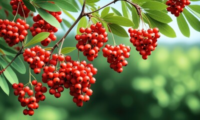 Vibrant red berries on branch with green leaves in sunlit garden background