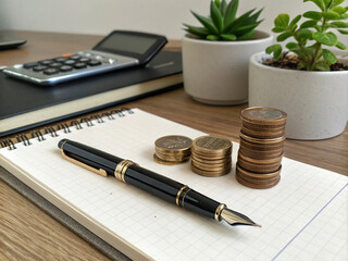 Pile of coins on the desk in the office. Finance and saving money concept.