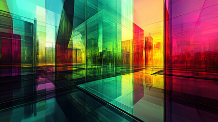 colorful modern interior architectural glass building,  abstract modern showcasing a vibrant cityscape with glass architecture, modern glass buildings with shiny glass effects.	