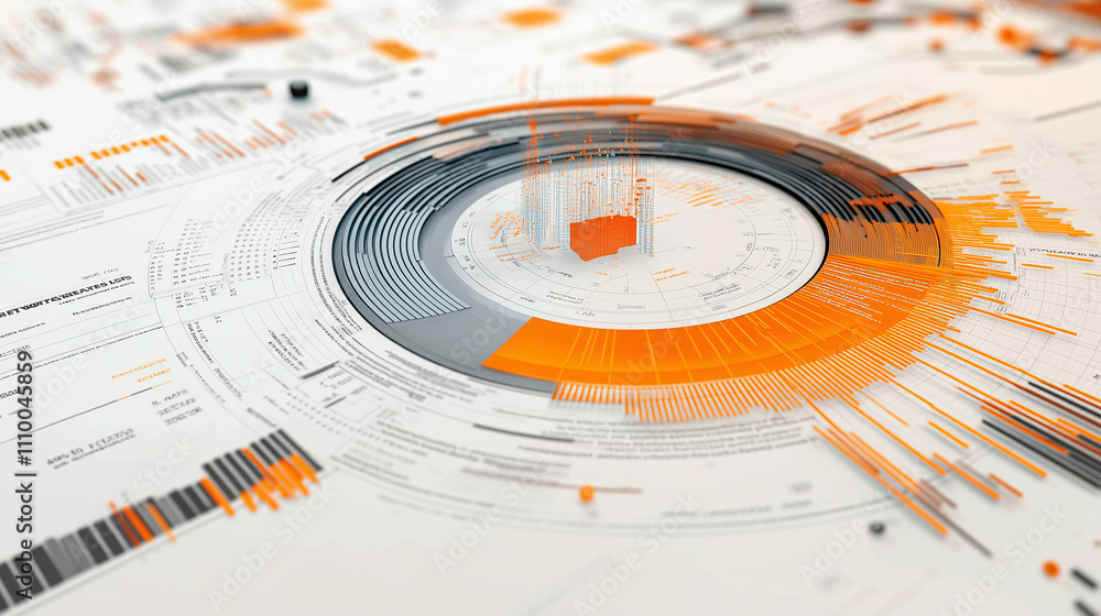 Poster data visualization of financial performance, including a radial chart for quarterly profit breakdown