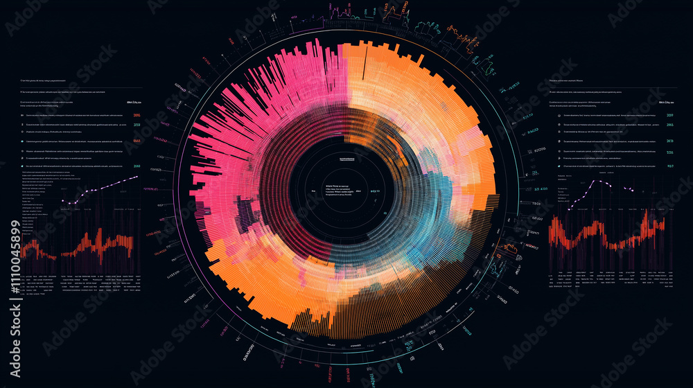 Poster data visualization of financial performance, including a radial chart for quarterly profit breakdown