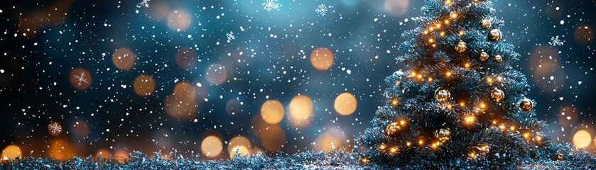 Christmas tree decorated with lights and ornaments winter wonderland photography evening setting magical atmosphere celebrating christmas spirit