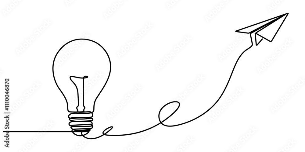 Poster paper plane flying up connected with light bulb in one continuous line drawing. airplane in outline 