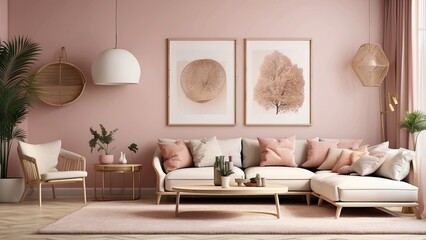 mock-up poster frame with contemporary style, living room, modern interior background, 3D render, and 3D illustration-