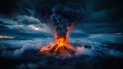 Volcanic Fury: Aerial View of Erupting Volcano in Icy Surroundings, Capturing Raw Power and Contrast of Nature's Forces