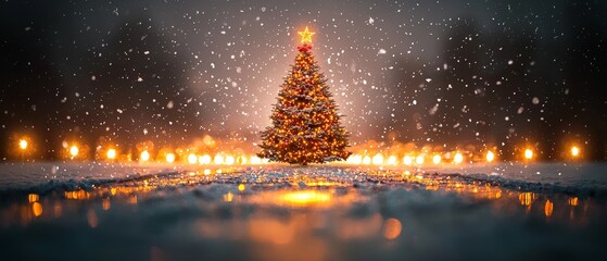 Magical christmas scene with a beautifully decorated tree winter evening outdoor setting warm glow holiday spirit