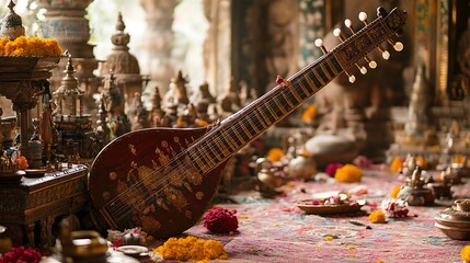 Ornate sitar rests on ornate altar amidst religious artifacts and flowers.